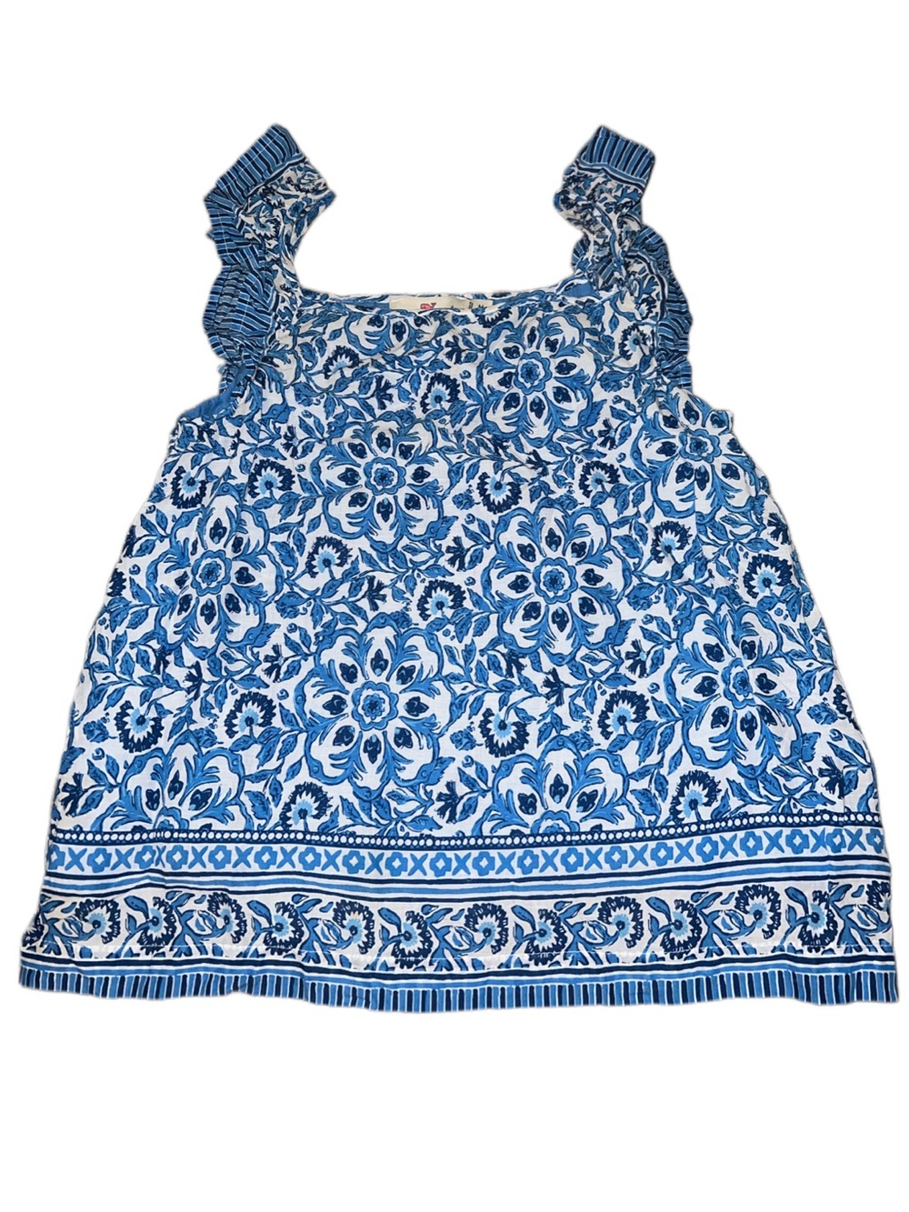 Vineyard Vines Top M Flutter Sleeve Blue Printed Katama Blue Tile Floral